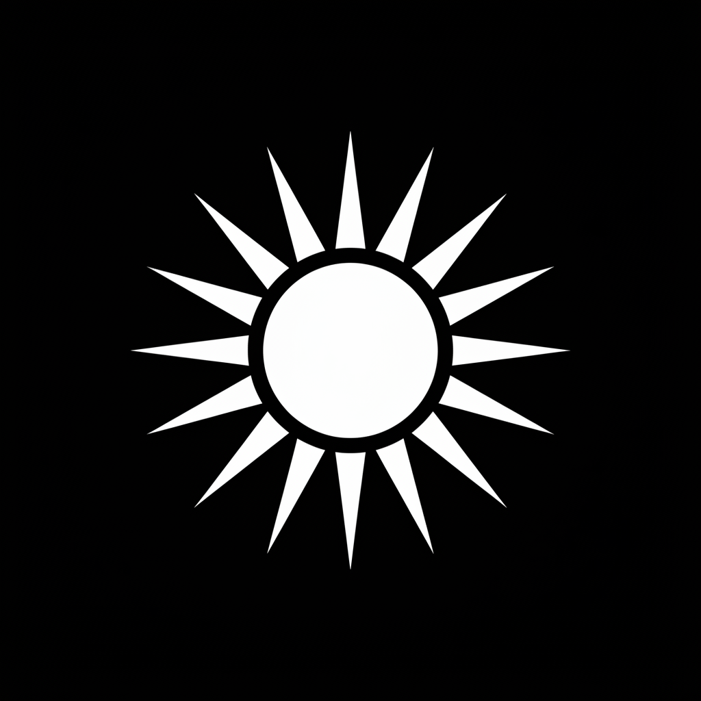 Simple graphic white sun with black background. PNG 